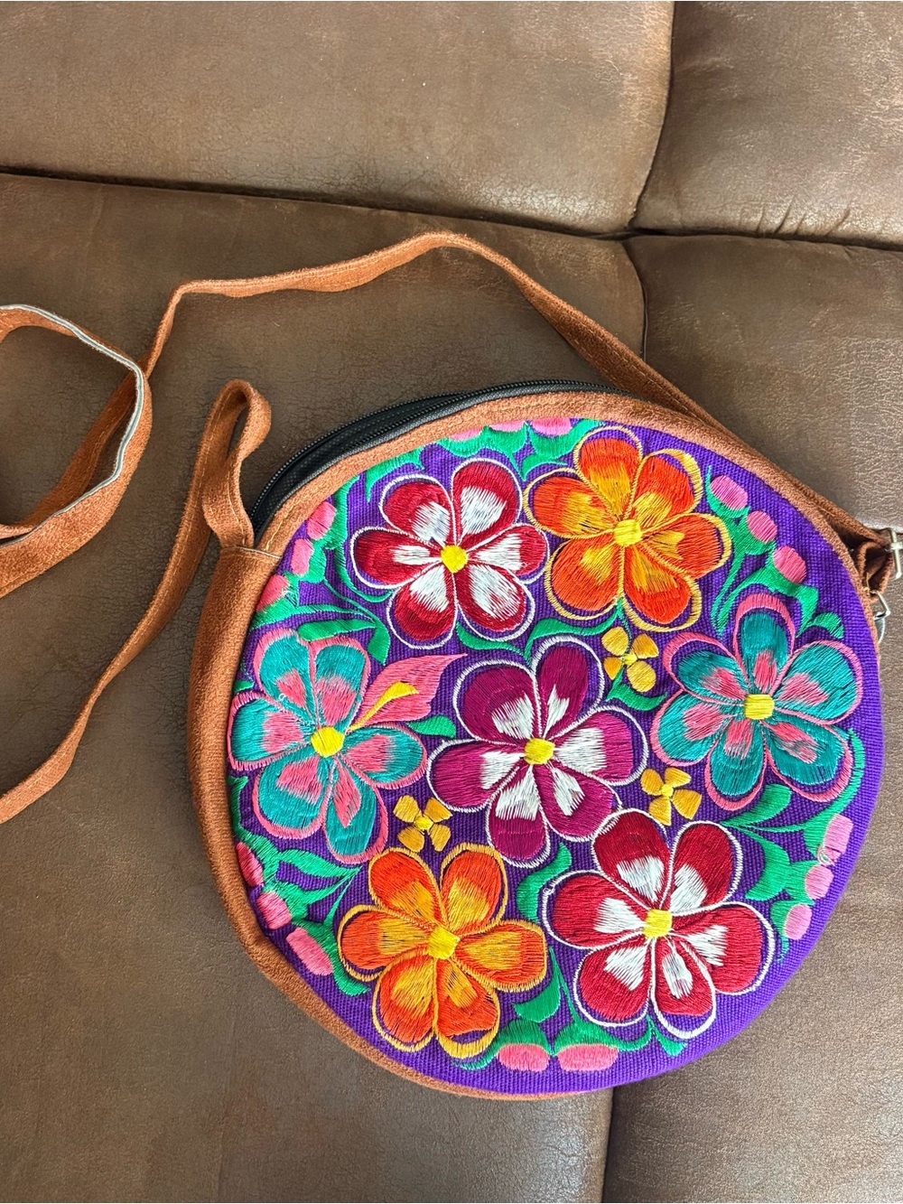 Mexican Embroidered Floral Round Crossbody Bag